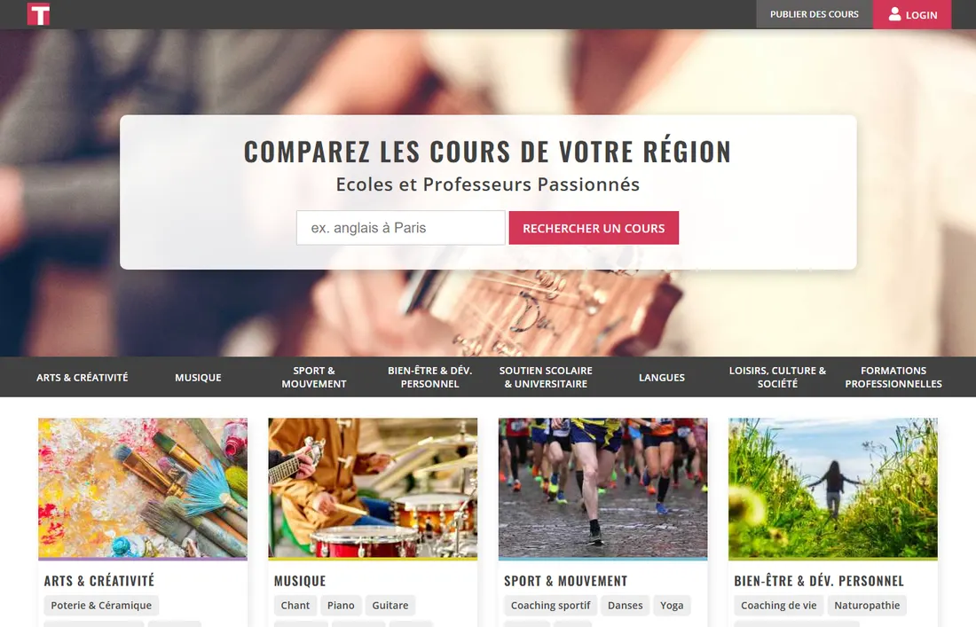 Page d'accueil du site de Trouver-un-cours.fr — le réseau multi-pays